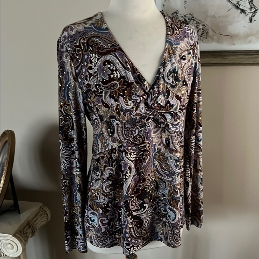 INC Brand Paisley V-Neck Long Sleeve Top